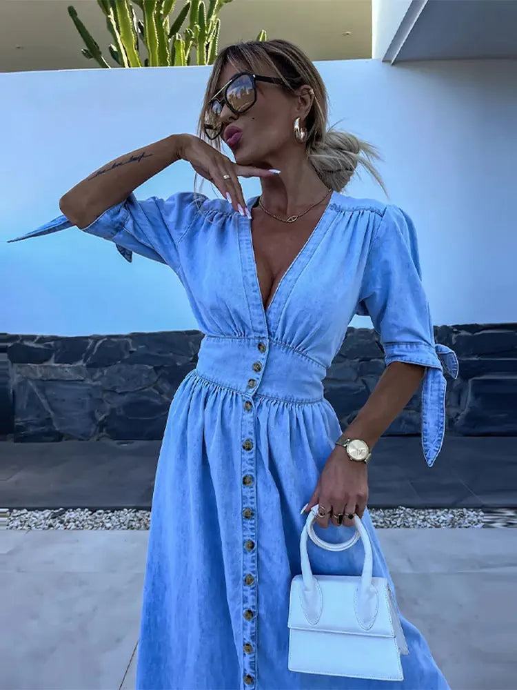 Vintage V-Neck Split Women Denim Dress Short Ruff Sleeves Cinching Waist Jeans Skirts Single Breasted Distressed Long Dress