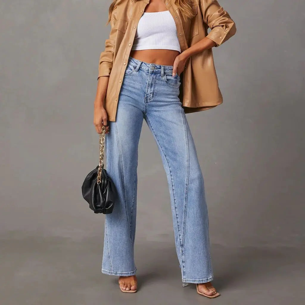 Women'S Autumn and Winter New Fashion Solid Color Jeans Straight Leg Long Pants, Fashion Loose Splicing Wide-Leg Women'S Jeans