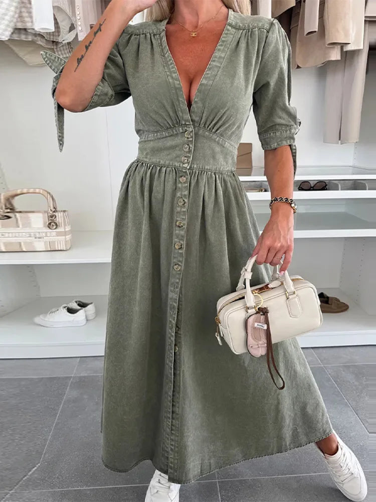 Vintage V-Neck Split Women Denim Dress Short Ruff Sleeves Cinching Waist Jeans Skirts Single Breasted Distressed Long Dress