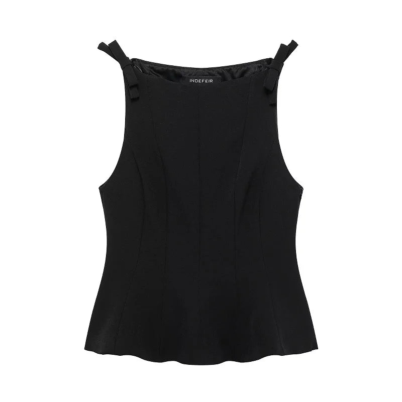 White Bow Sleeveless Tops for Women Black off Shoulder Top Female Spring Casual Tank Tops Woman 2025 Pleated Women'S Tops