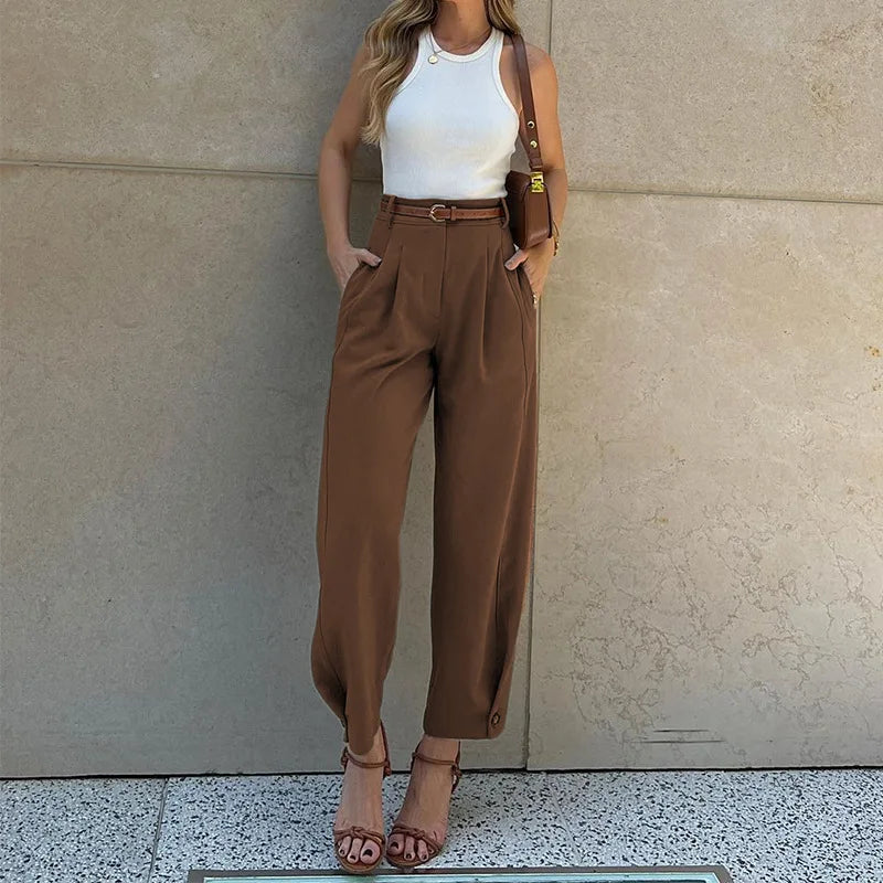 Women Casual Office Lady Ankle Banded Pants Work Solid Color Tailored Draped Simple Ankle-Length Trousers with Pockets