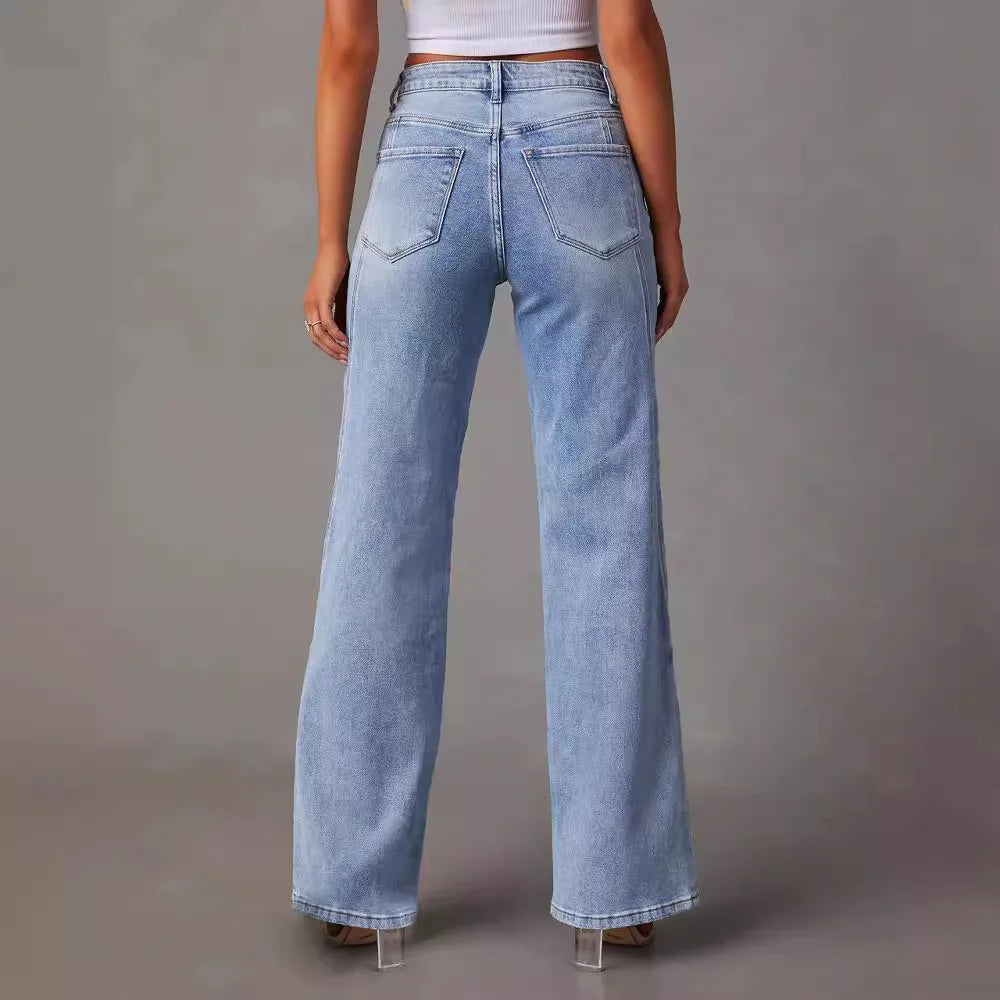 Women'S Autumn and Winter New Fashion Solid Color Jeans Straight Leg Long Pants, Fashion Loose Splicing Wide-Leg Women'S Jeans