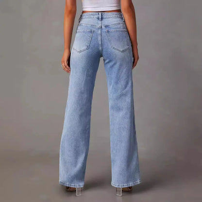Women'S Autumn and Winter New Fashion Solid Color Jeans Straight Leg Long Pants, Fashion Loose Splicing Wide-Leg Women'S Jeans