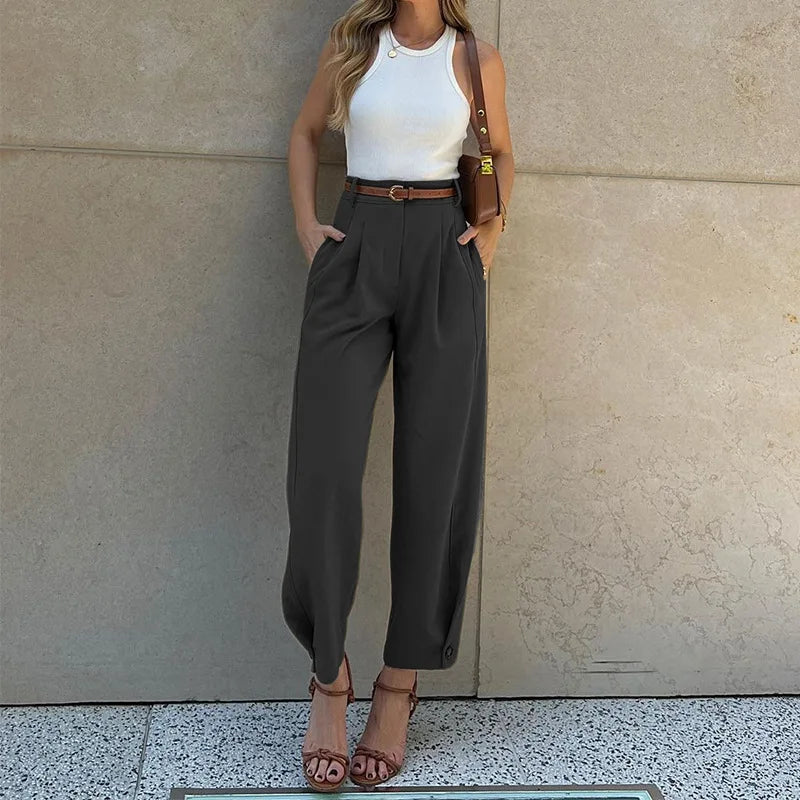 Women Casual Office Lady Ankle Banded Pants Work Solid Color Tailored Draped Simple Ankle-Length Trousers with Pockets