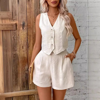 Women'S Solid Casual Two Piece Sets Fashion Sexy V-Neck Sleeveless Vest Tops and Shorts Suit Women Summer Cotton Linen Sets 2025