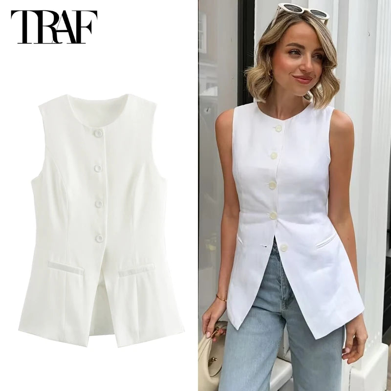2024 White Sleeveless Vest Women Button Summer Vests for Women Jackets Pink Vest Top Women Streetwear Women'S Tailored Vest