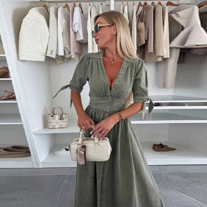 Vintage V-Neck Split Women Denim Dress Short Ruff Sleeves Cinching Waist Jeans Skirts Single Breasted Distressed Long Dress