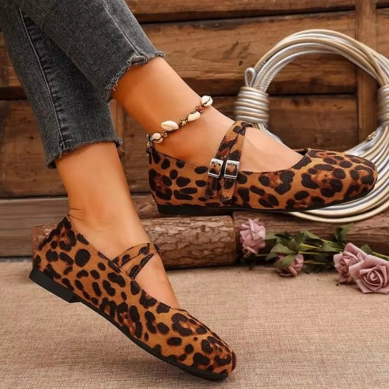 Mary Jane Buckle Strap Ballet Flats Women Shoes Shallow Casual Leopard Print Comfortable Square Toe Flat Shoes for Women Zapatos