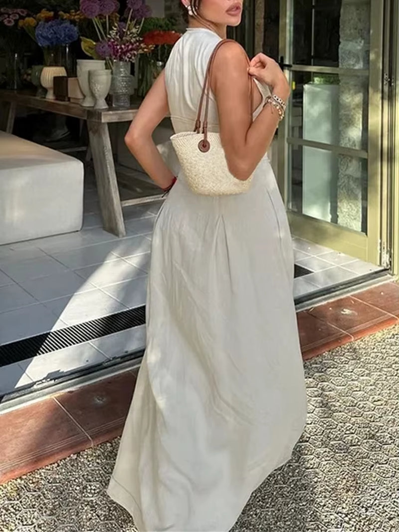 Zipper Long Dress Woman Pleated Sleeveless Bodycon Dress Summer Elegant Party Dresses for Women 2024 New Midi Dresses