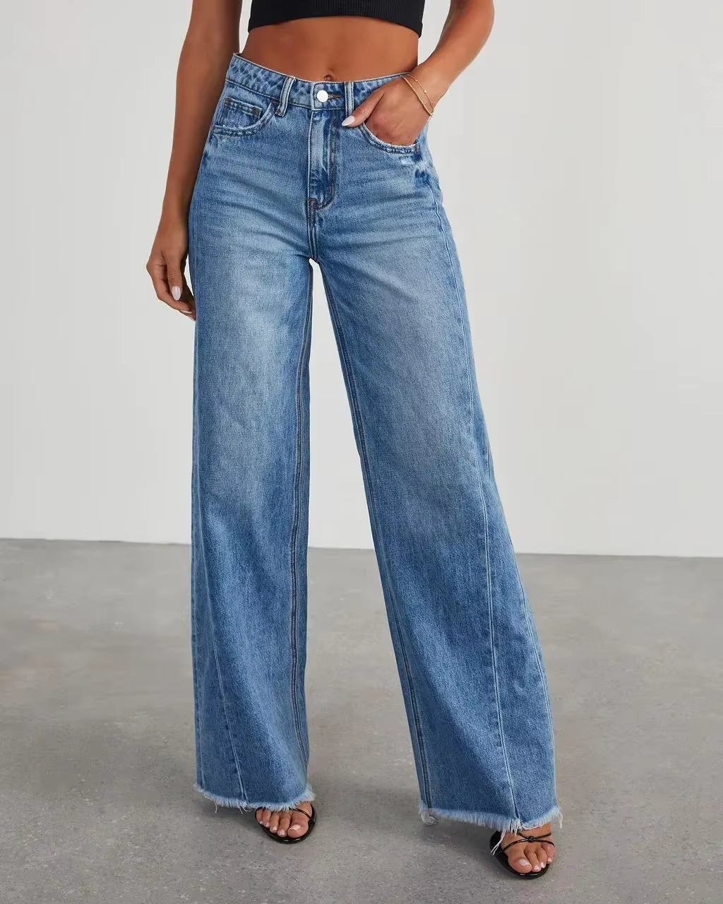 Spring Summer New Women'S Clothing Solid Color Loose Wide Leg Side Seam Stitching Frayed Hem Jeans