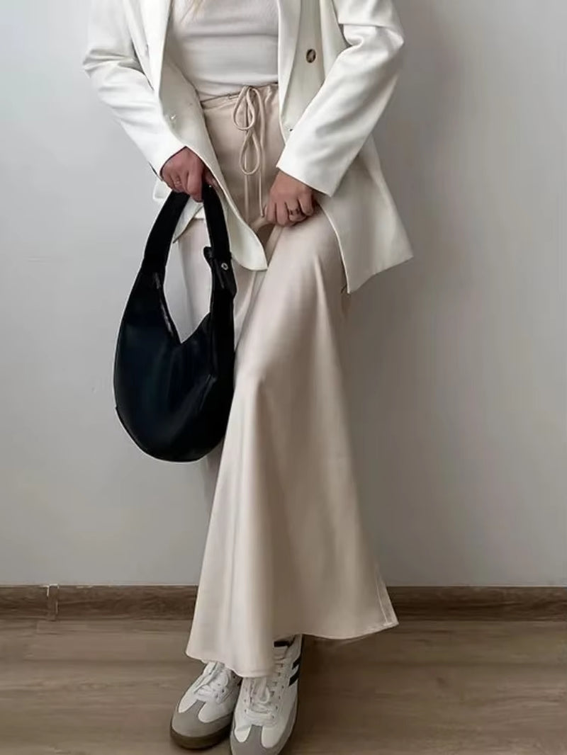 Grey High Waist Skirts for Women Fashion Temperament Elegant Black Satin Skirt Classics Versatile Slim Long Skirt Summer New