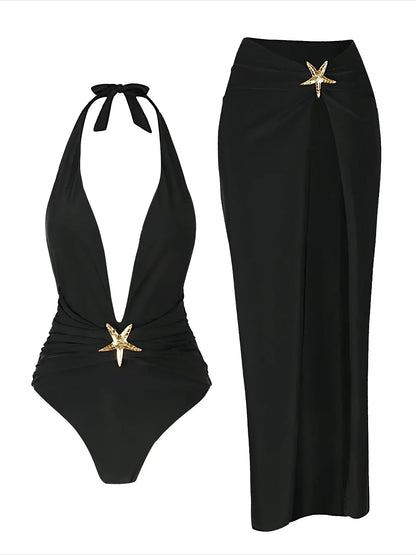 2 Piece Swimsuits for Elegant Women Starfish One Piece Bathing Suits with High Split Skirt Cover Ups Sexy Halter Bikini Sets K59