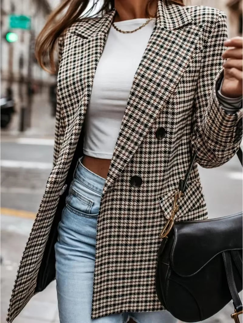 Women'S New Sexy Fashion Casual Commuting Vacation Style Versatile Loose Fitting Long Sleeved Plaid Printed Small Suit Jacket