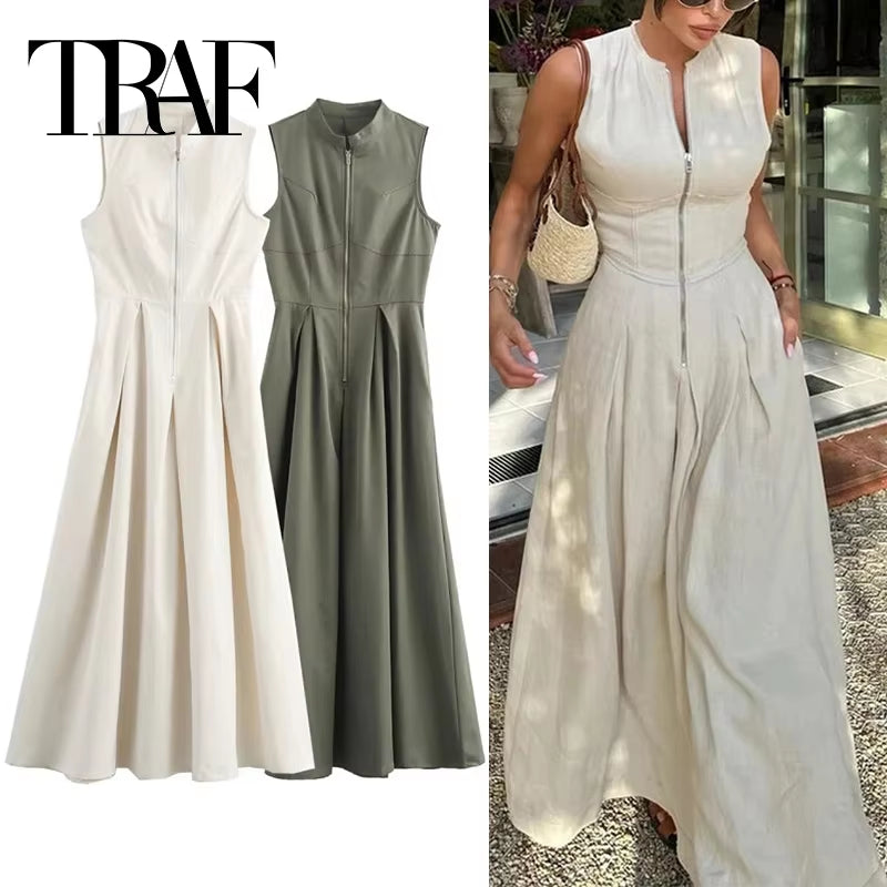 Zipper Long Dress Woman Pleated Sleeveless Bodycon Dress Summer Elegant Party Dresses for Women 2024 New Midi Dresses