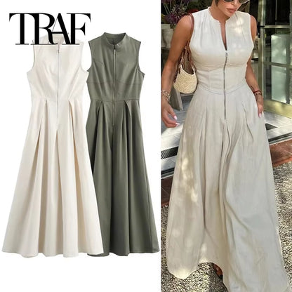 Zipper Long Dress Woman Pleated Sleeveless Bodycon Dress Summer Elegant Party Dresses for Women 2024 New Midi Dresses