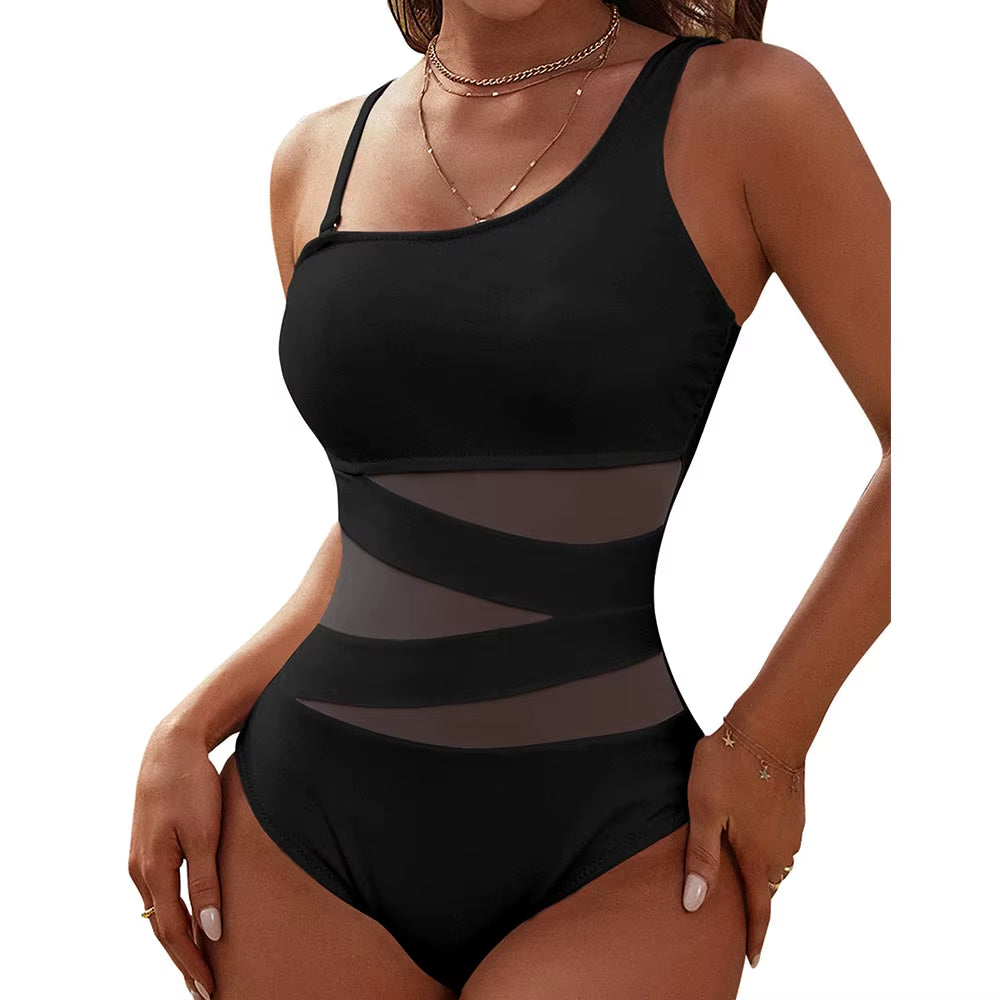 2025 Summer Women'S Sexy One Piece Bathing Suits One Shoulder Beach Swimsuits Slimming Mesh Swimwear