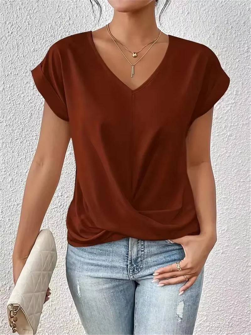 Fashion Pleated Hem V Neck Pullover T-Shirt Women Daily Solid Color Casual Commuter Tops Summer Folded Short Sleeve Female Tees