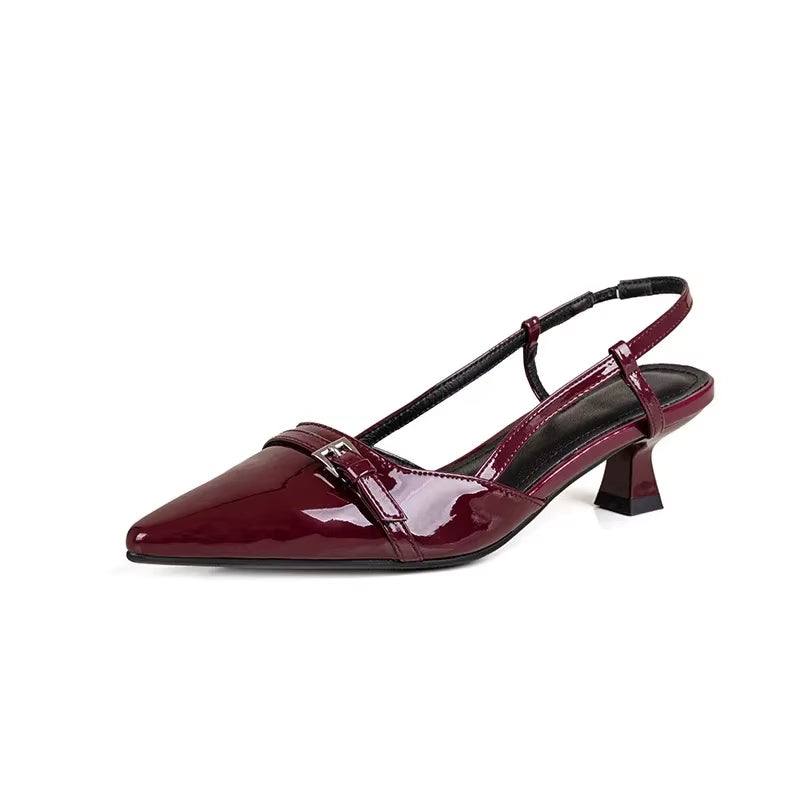 2024 New Summer French Wine Red Pointed Patent Leather Mid-Heel Overhead Sandals for Women Retro Skinny Heel Back Empty Shoes