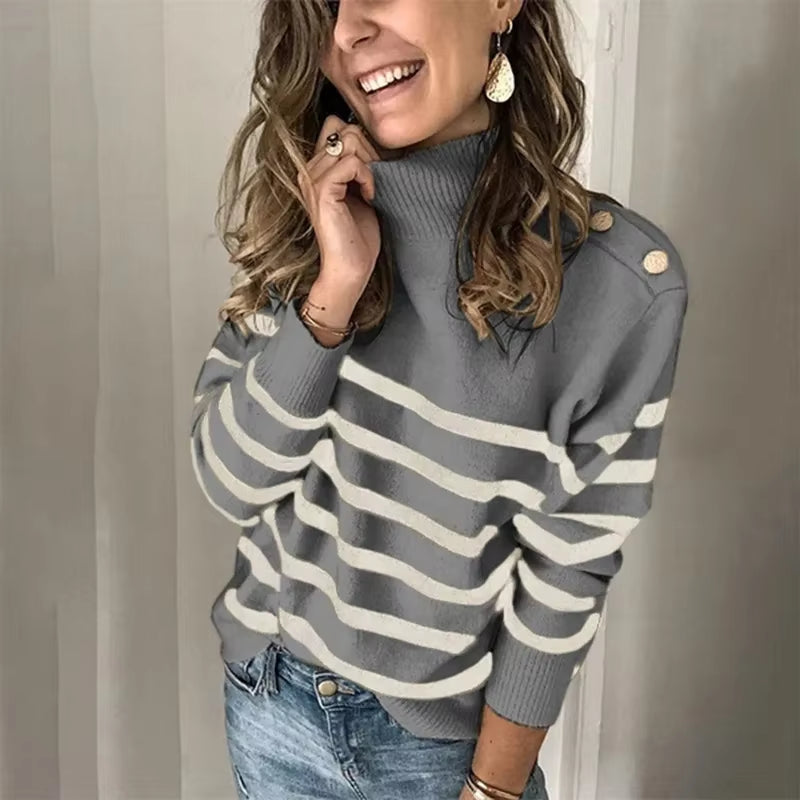 Europe and the United States Fashion Casual Striped Turtleneck Pullover Strap Buckle Knit Sweater, Women'S Autumn and Winter