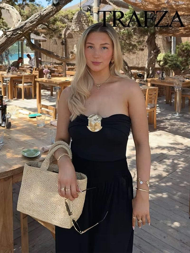 Women'S 2024 Summer Metallic Jumpsuit Solid Color Sexy Women'S Sleeveless Backless Jumpsuit Pleated Beach Party Jumpsuit